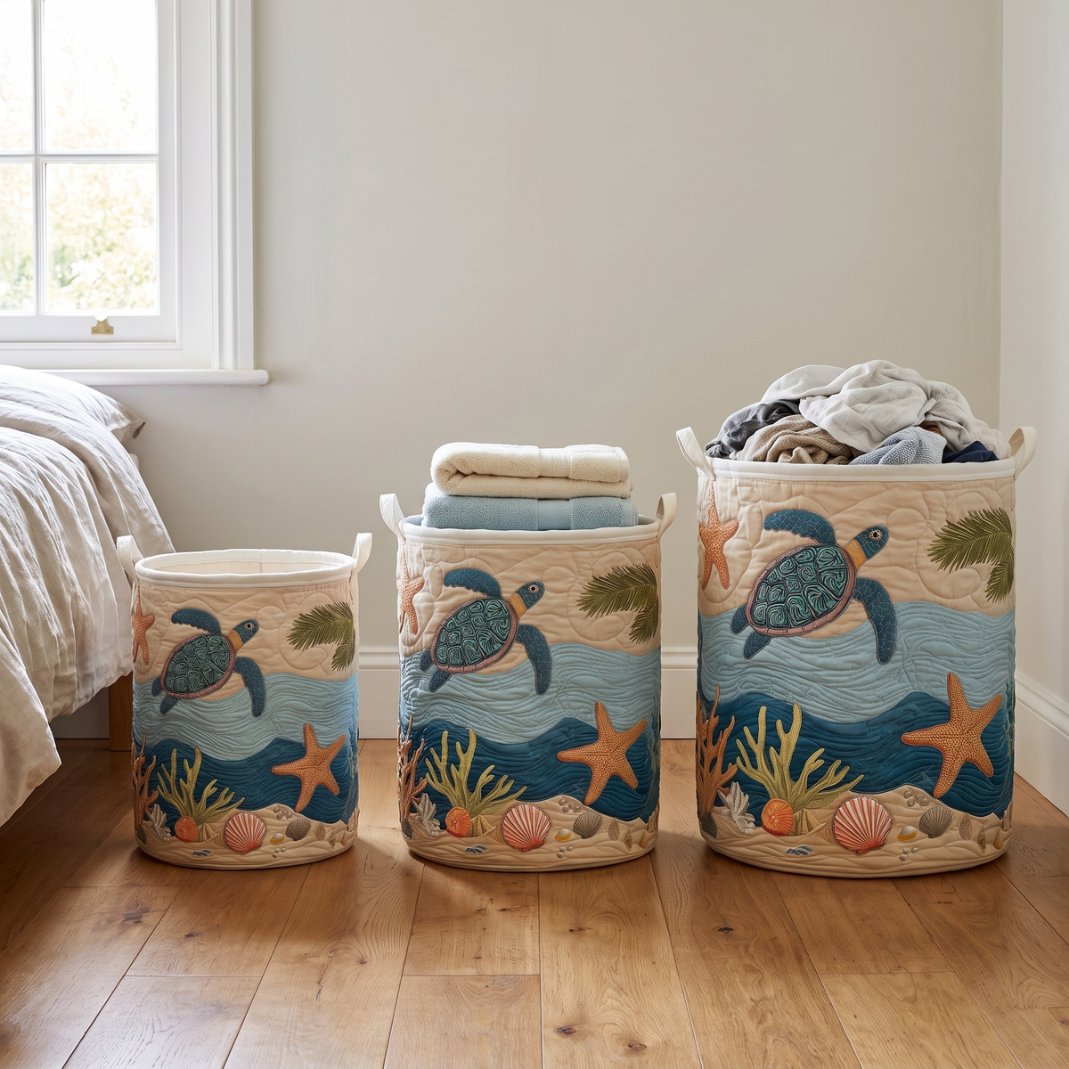 Coastal Harmony quilted laundry basket shown in all three sizes - small, medium and large - side by side in a bedroom