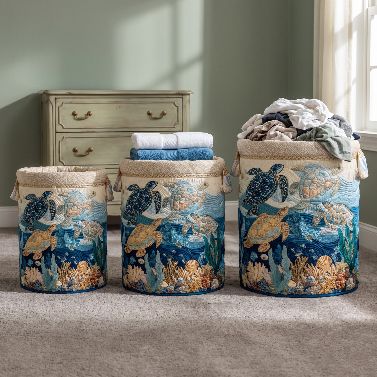 Shell Shine quilted laundry basket shown in all three sizes - small, medium and large - side by side in a bedroom