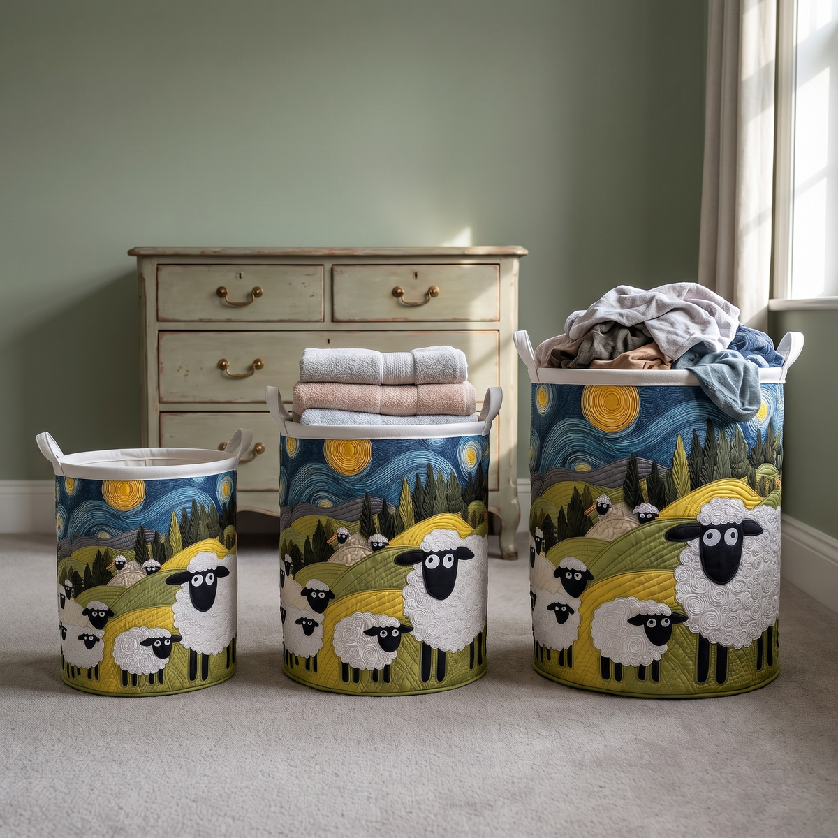 Lamb Meadow quilted laundry basket shown in all three sizes - small, medium and large - side by side in a bedroom
