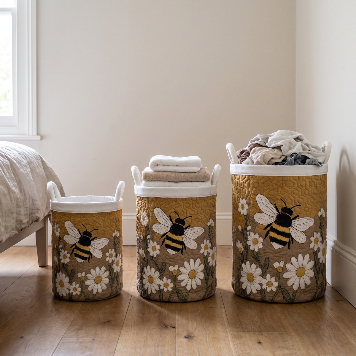 Bee quilted laundry basket shown in all three sizes - small, medium and large - side by side in a bedroom