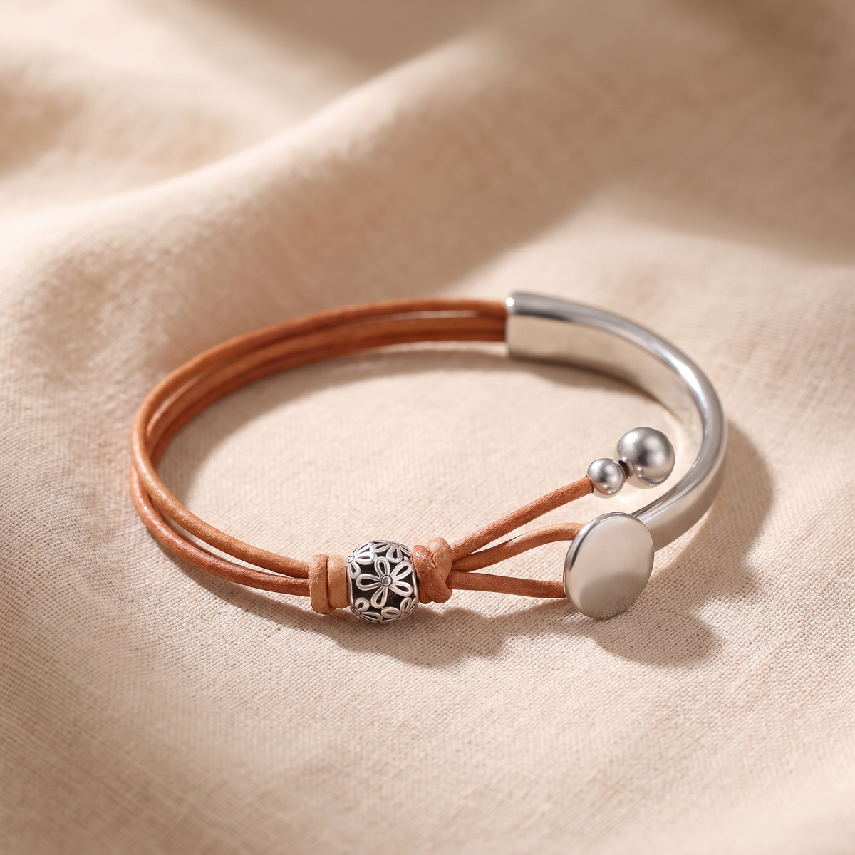 Beatrice Disc Charm Leather Cuff Bracelet on linen