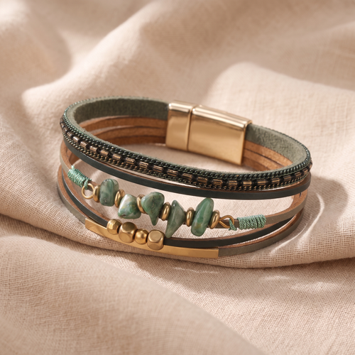 Agnes Green Stone Chip Leather Bracelet on linen