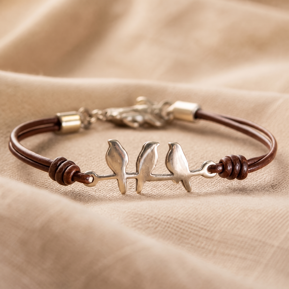 Bird Branch Leather Bracelet on linen