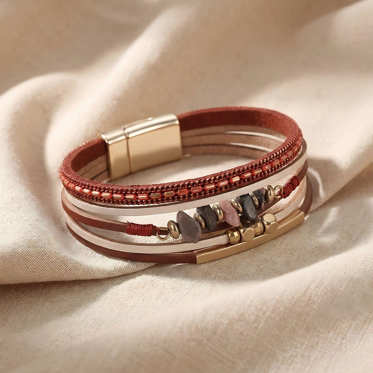 Iris Rose Stone Chip Leather Bracelet on linen