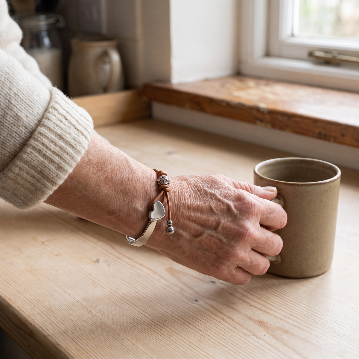 Harriet Heart Charm Leather Cuff Bracelet worn on the wrist