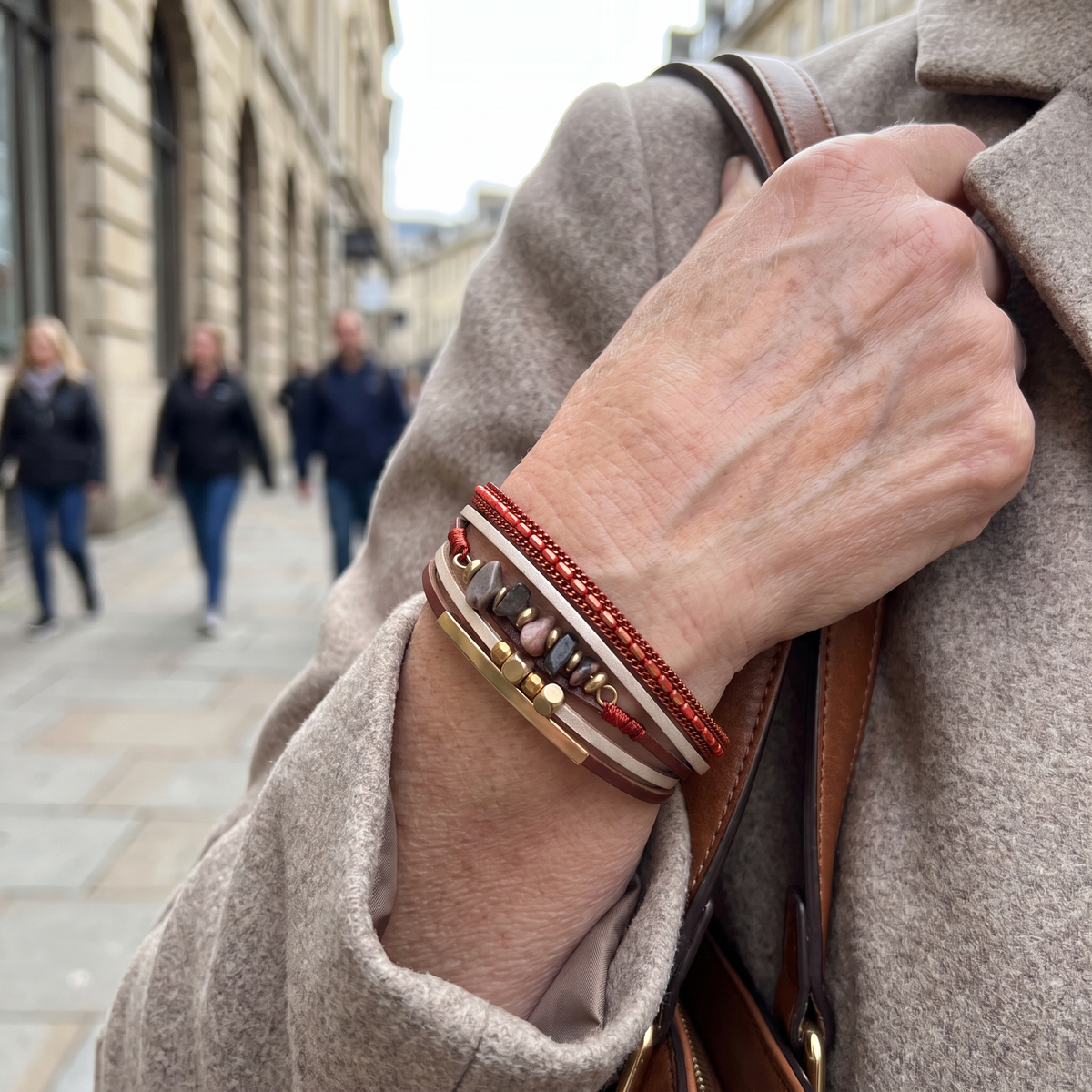 Iris Rose Stone Chip Leather Bracelet worn on the wrist