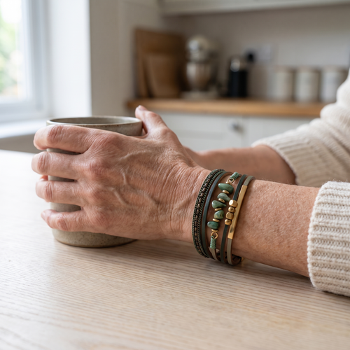 Agnes Green Stone Chip Leather Bracelet worn on the wrist