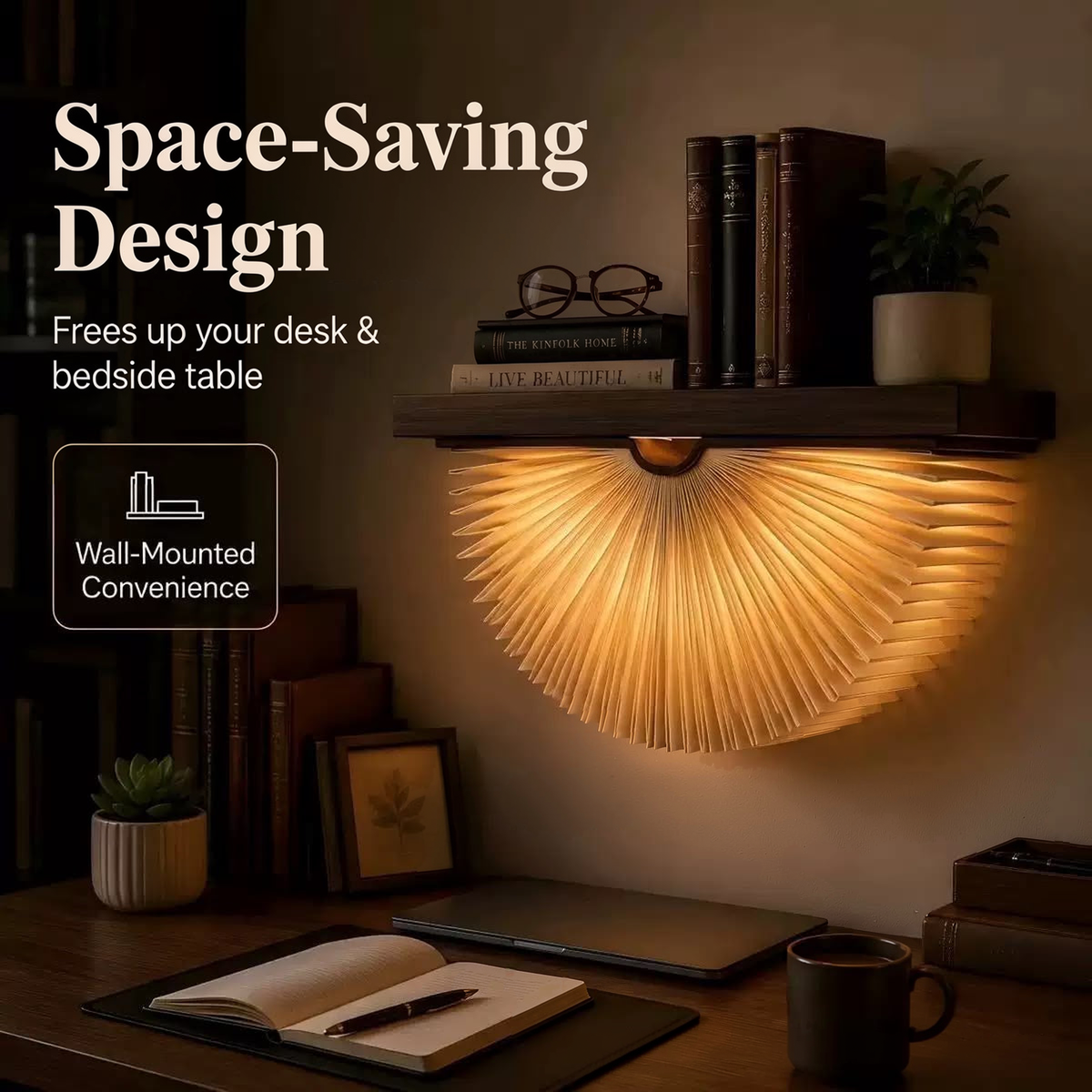 Aurora folding fan book lamp mounted under a shelf, glowing warm over a desk