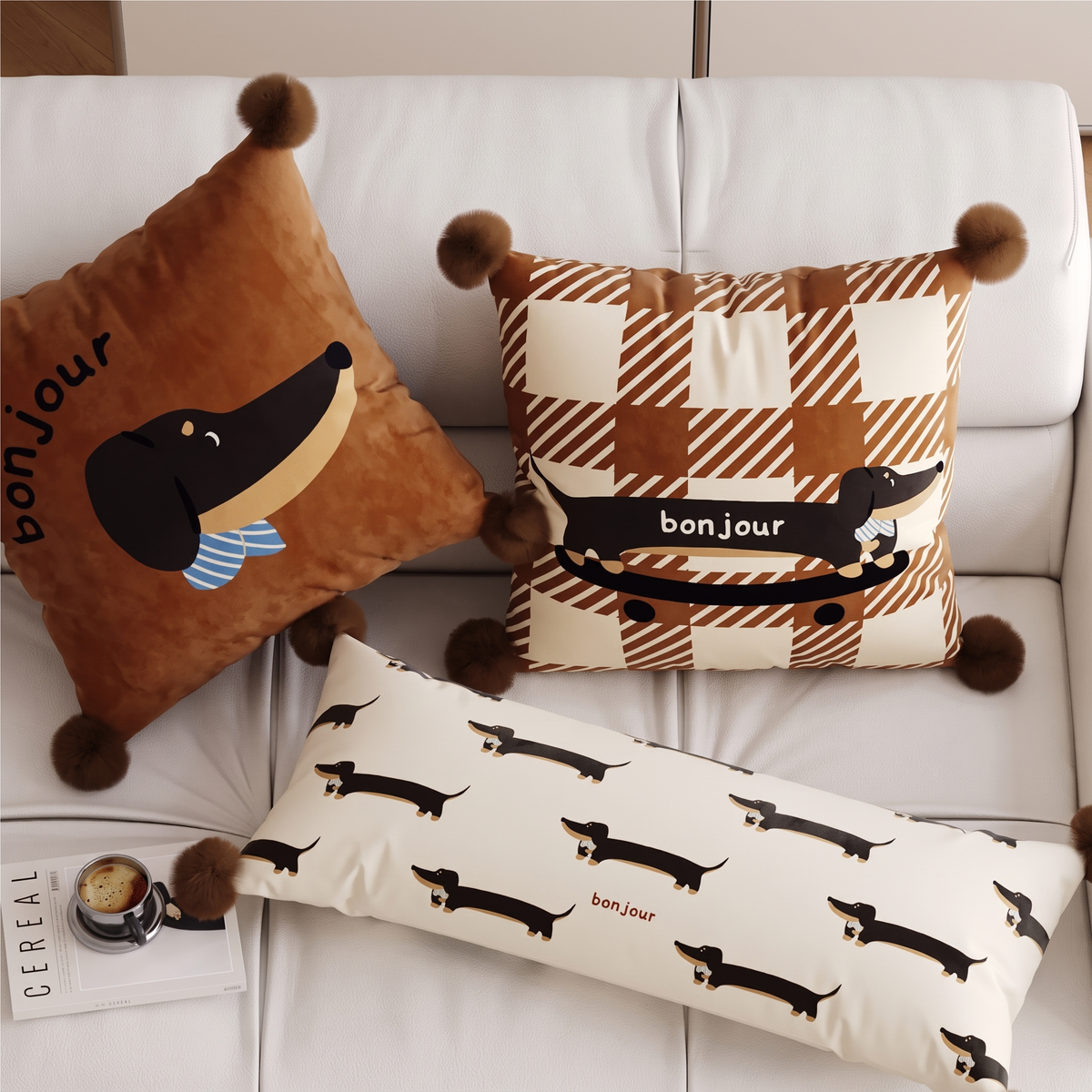Colette Bonjour Check Cushion styled on a sofa with the matching bonjour cushions