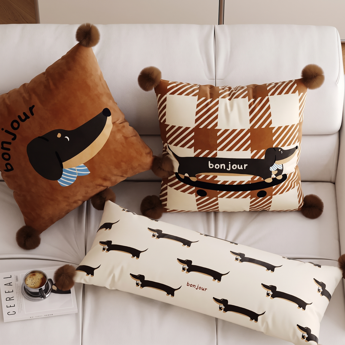 Bonjour dachshund cushion set on a cream sofa