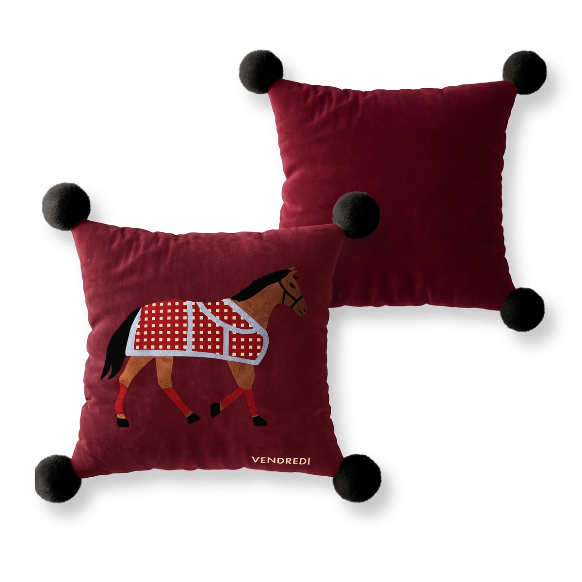 Isabelle Equestrian Horse Cushion, burgundy velvet with an embroidered horse in a red check rug, front and back