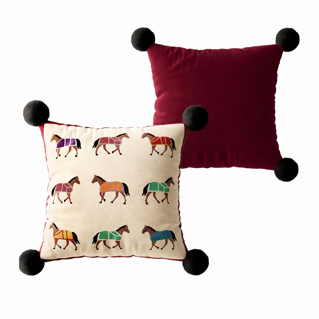 Camille Cream Horse Parade Cushion, cream front with nine embroidered horses and a burgundy back
