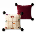 Genevieve Check Horse Cushion, cream check front with embroidered horses and a burgundy back