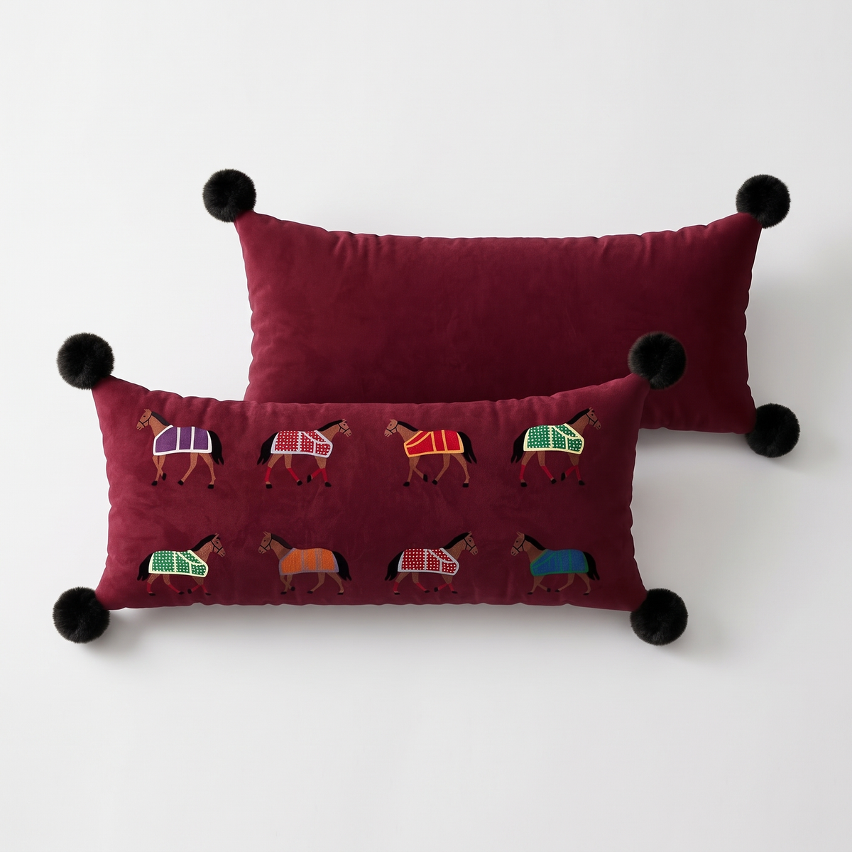 Beatrix Burgundy Horse Bolster Cushion, long burgundy velvet cushion with eight embroidered horses
