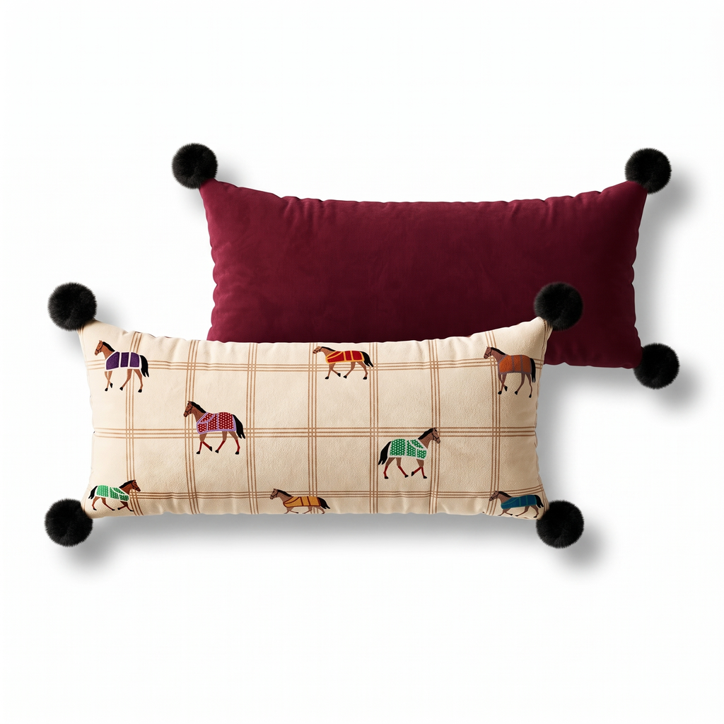 Genevieve Check Horse Bolster Cushion, long cream check cushion with embroidered horses and a burgundy back