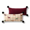 Genevieve Check Horse Bolster Cushion, long cream check cushion with embroidered horses and a burgundy back