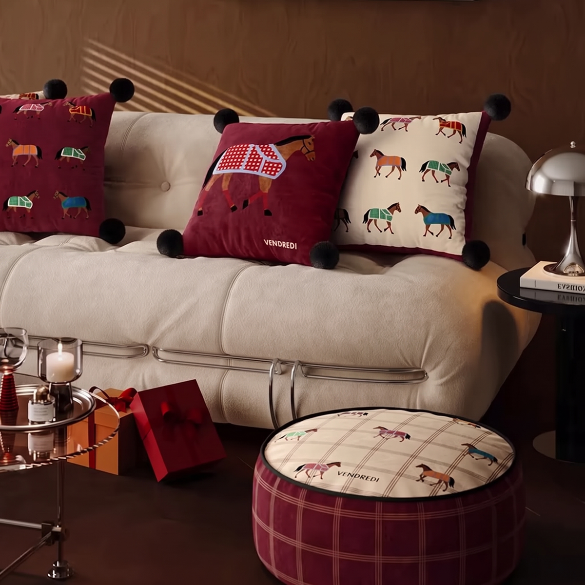 Genevieve Check Horse Bolster Cushion styled in a living room