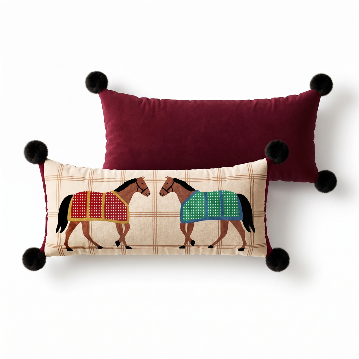 Odile Two Horse Bolster Cushion, long cream check cushion with two facing horses and a burgundy back