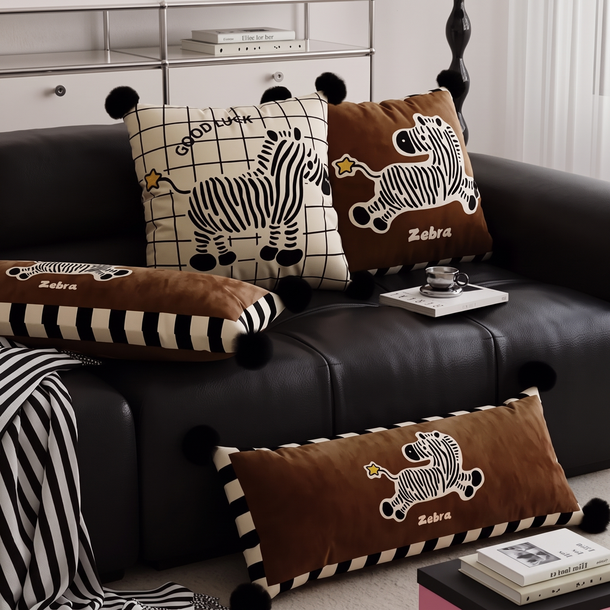 Zebra cushions styled on a sofa