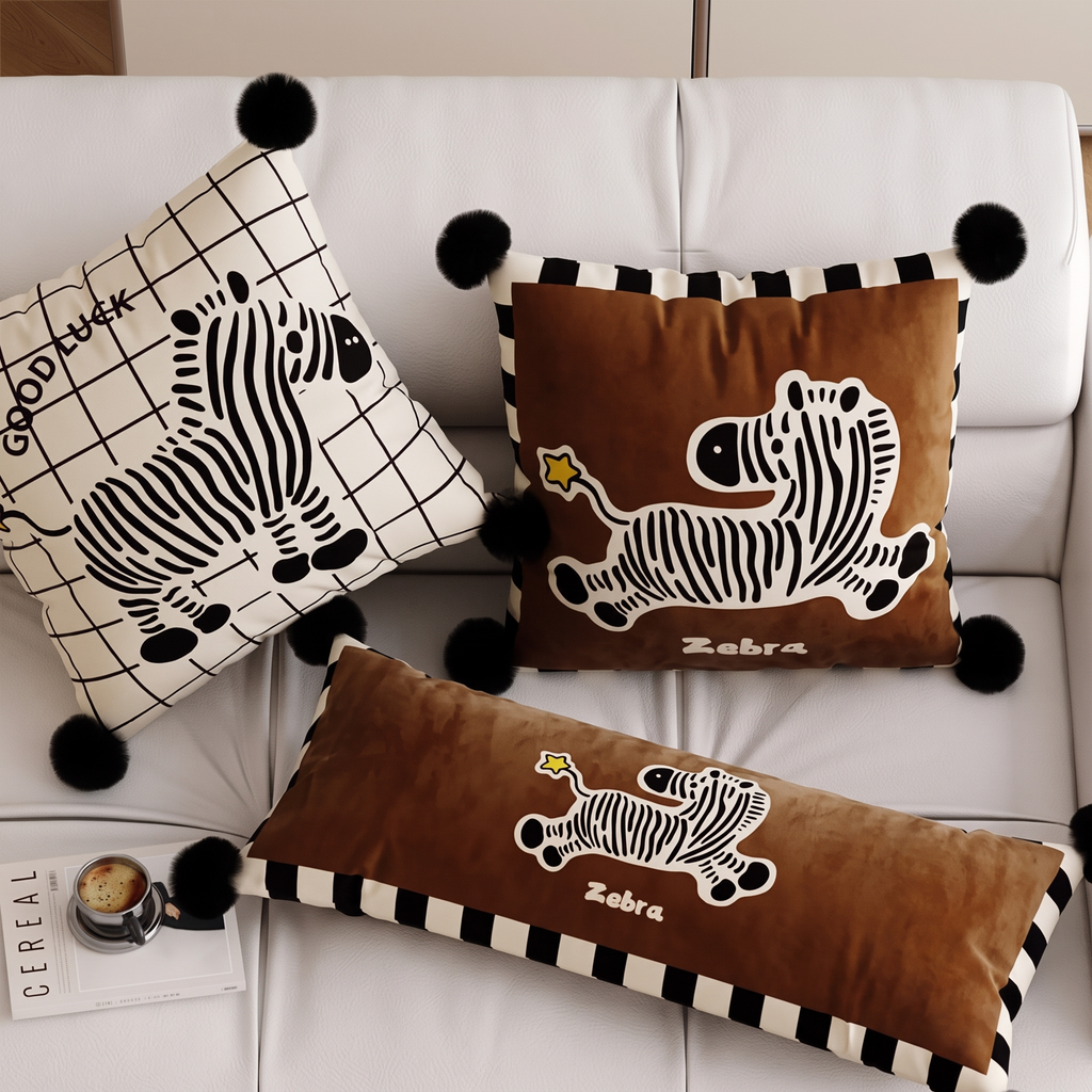 Zebra cushion set arranged on a sofa