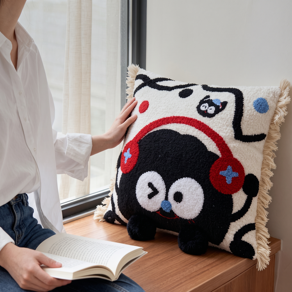Melody Headphones Soot Cushion held up by a window