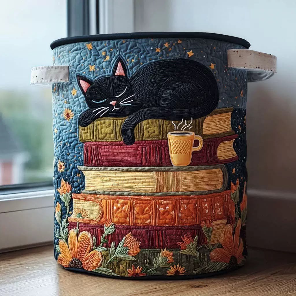 Bramble sleepy cat on books quilted laundry basket