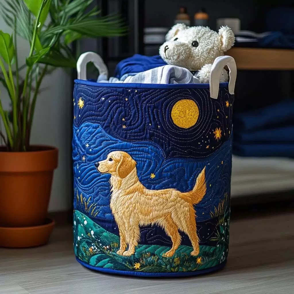 Goldie starry night golden retriever quilted laundry basket