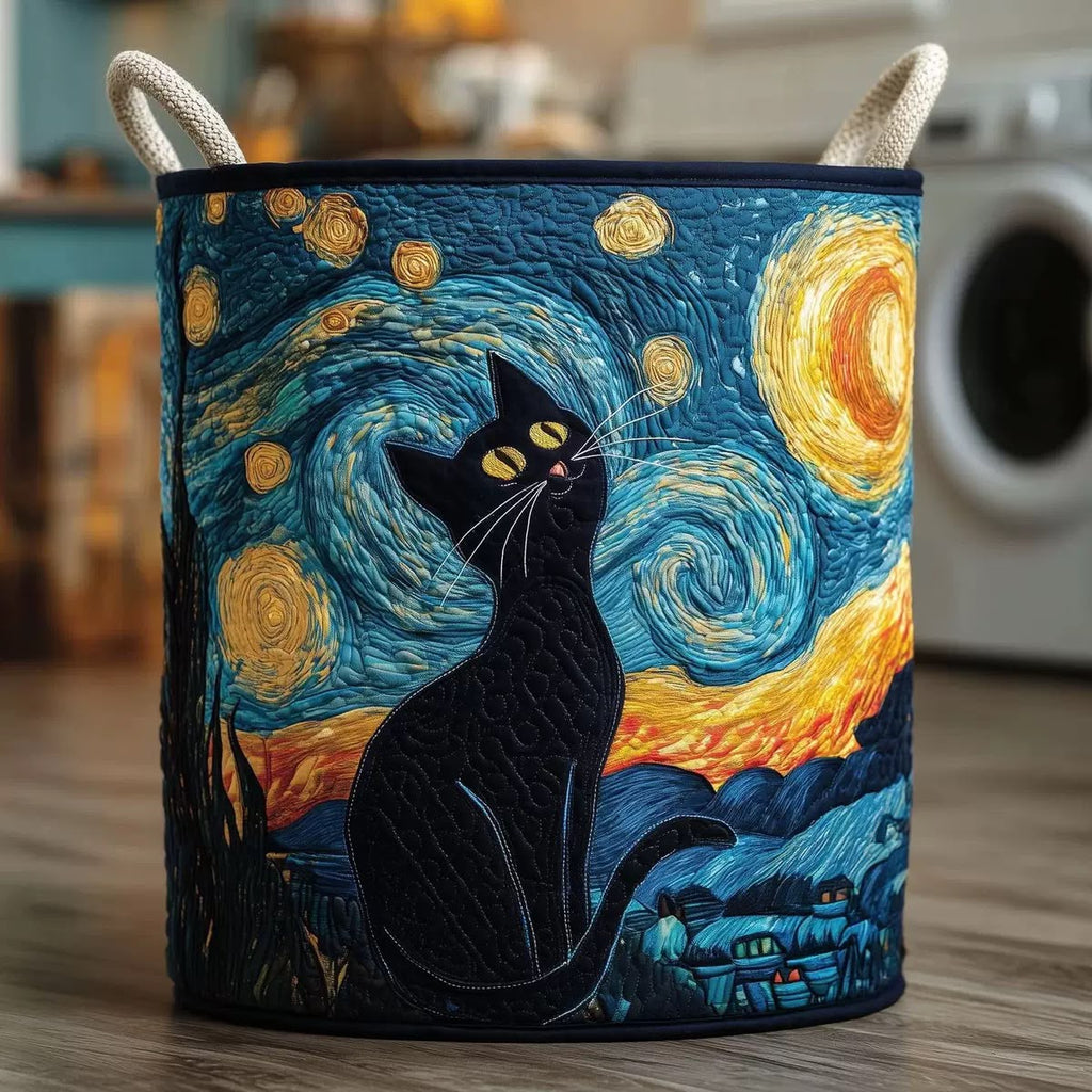 Luna starry night black cat quilted laundry basket