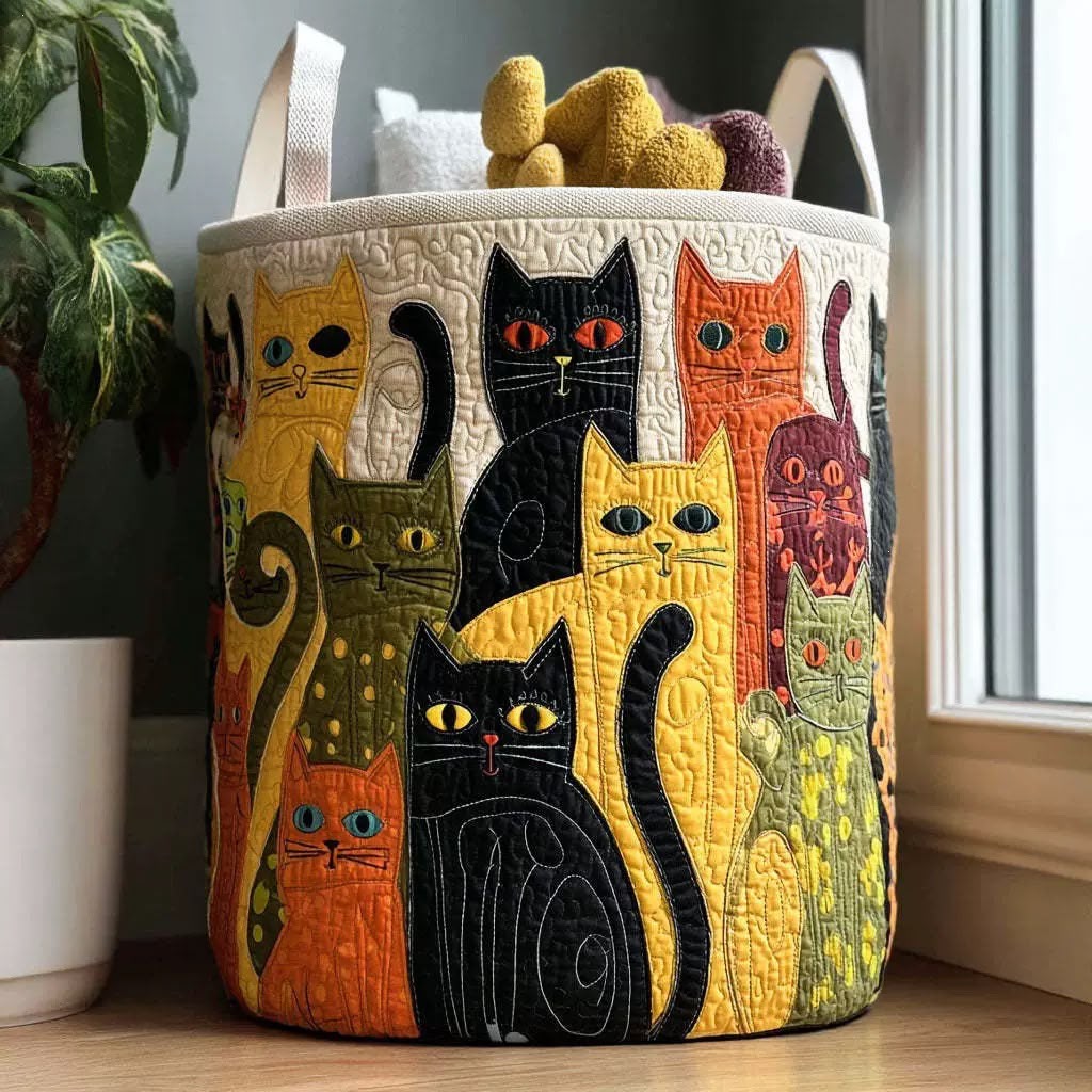 Tilly folk art cat quilted laundry basket