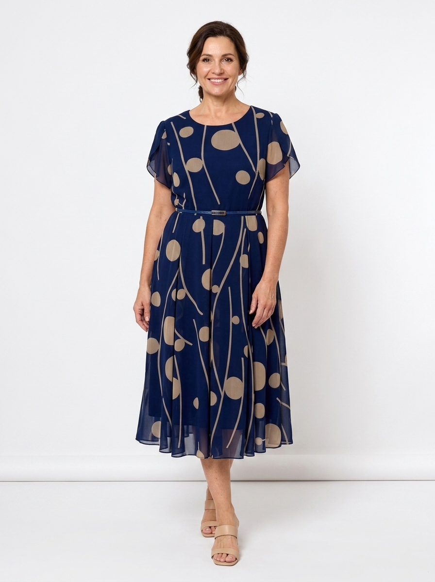 PETRA | NAVY POLKA DOT PRINT CHIFFON MIDI DRESS