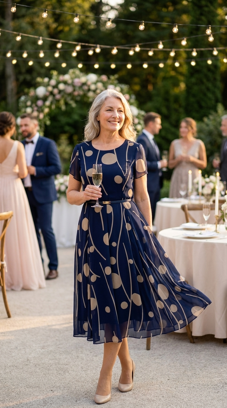 PETRA | NAVY POLKA DOT PRINT CHIFFON MIDI DRESS