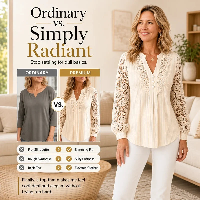 Women’s V-Neck Pleated Top with Lace Sleeves