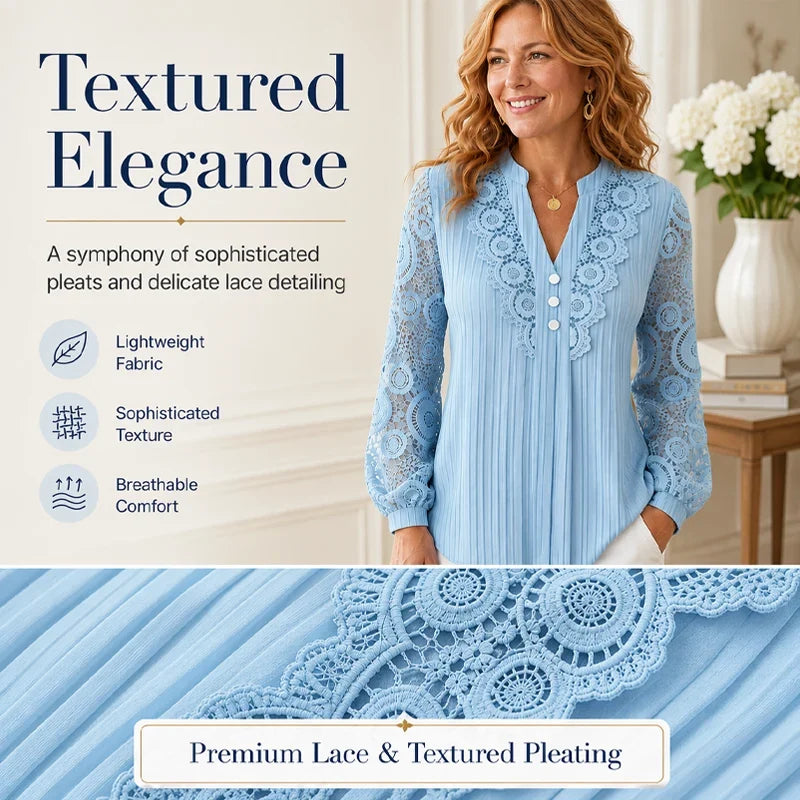 Women’s V-Neck Pleated Top with Lace Sleeves