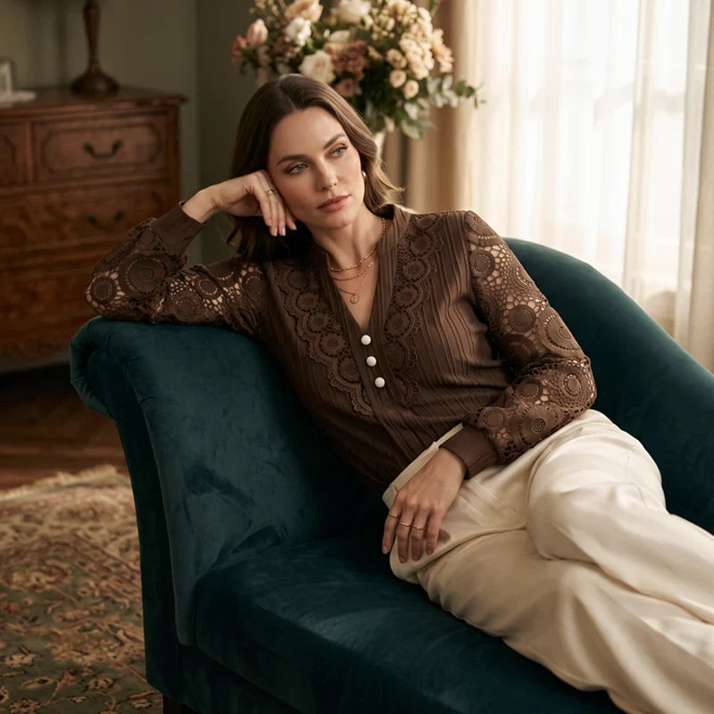 Women’s V-Neck Pleated Top with Lace Sleeves